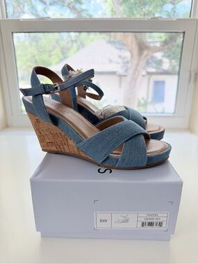 AEROSOLES Pastel Denim Crisscross Cork Wedge Sandals